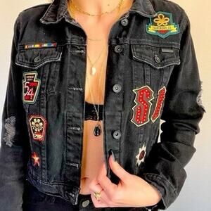 SUPERDRY Jacket NWT Women Size 8 Trucker Jean Patches Denim Black